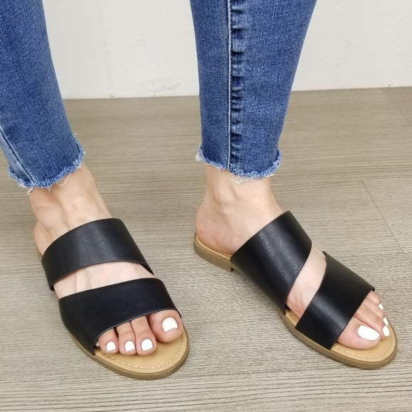 Black Vegan Leather Flat Comfort Sandals - Picture 2 of 7